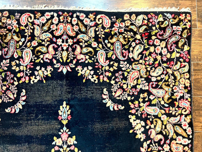 Antique Persian Kirman Rug 5x8, Floral Kirman, Midnight Blue/Black, Semi Open Field, Handmade Vintage Wool Carpet