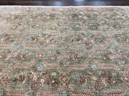 Large Modern Pakistani Rug 9x12, Handmade Wool Carpet, Peshawar Rug, Hand Knotted Oriental Rug, Contemporary, Floral, Light Green