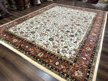 Indo Persian Rug 9x12, Ivory and Red, Traditional Wool Oriental Carpet