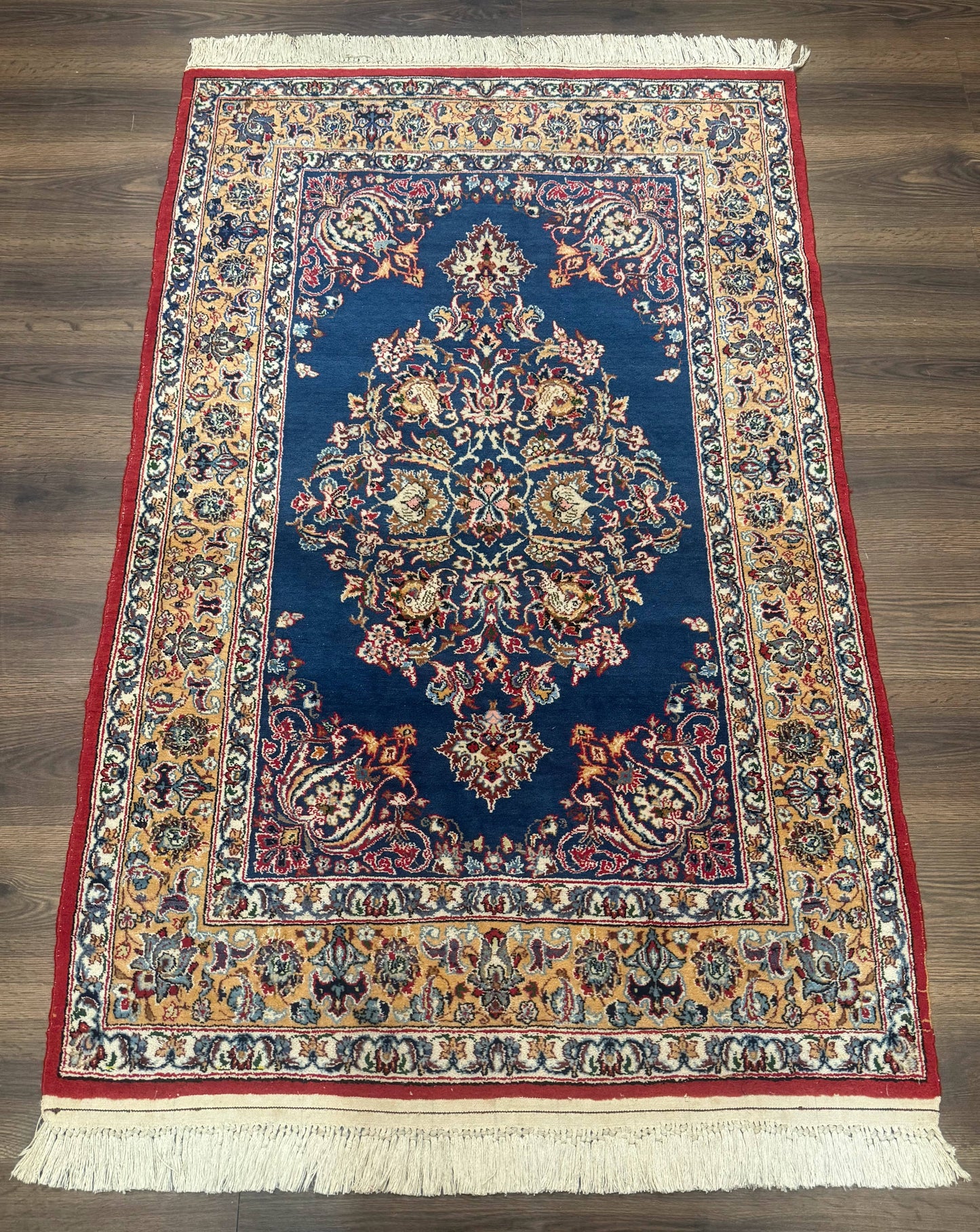 Blue Persian Qum Rug 3.6 x 5 Floral Medallion Navy Field 310 KPSI