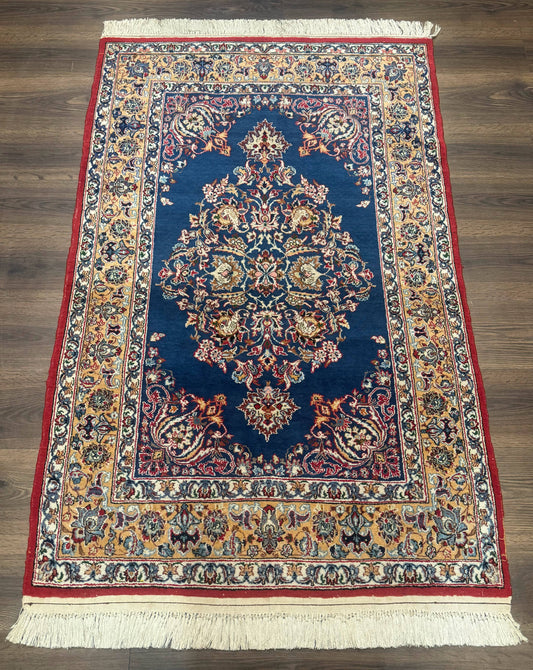 Blue Persian Qum Rug 3.6 x 5 Floral Medallion Navy Field 310 KPSI