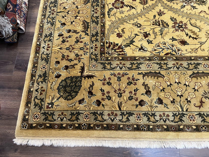 Indo Persian Mahal Rug 10x14, Wool Hand Knotted Oriental Carpet, Cream Floral Allover, Vintage Area Rug 10 x 14, Traditional Rug, Handmade