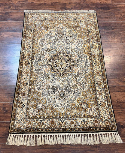 Persian Qum Silk Rug 3.5x5.5 Hand Knotted Silk On Silk Floral Medallion Very Fine 350 KPSI Vintage