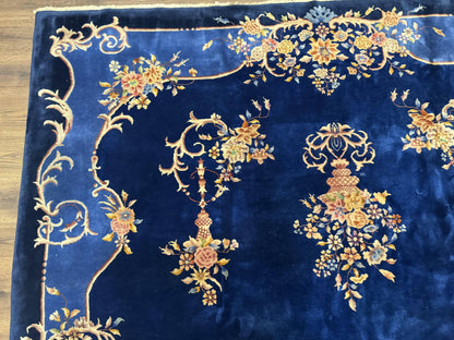 Blue Chinese Art Deco Rug 9x12 Hand Knotted Wool Vintage Rug