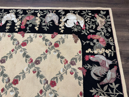Vintage Hooked Rug 7x9, Rosters in Border, Roses and Butterflies