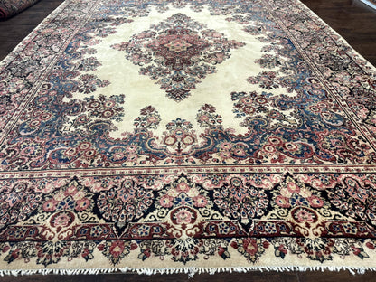 Persian Sarouk Rug 9x12 Ivory and Blue Hand Knotted Antique 1920s Semi Open Field Medallion