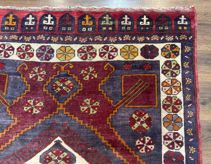Turkish Kazak Rug 5x7 Geometric Hand Knotted Wool Semi Antique