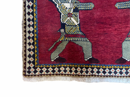 Handmade Wool Rug 3x6 Tribal Balouch Warriors Deer Pictorial Red Swords