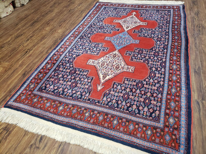 Senneh Wool Area Rug 4x6 Handmade Kurdish Carpet Vegetable Dyes Red Blue