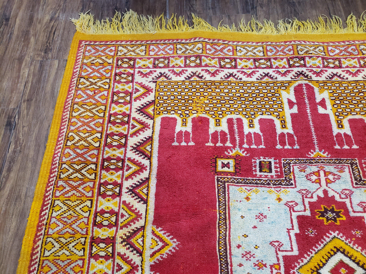 Vintage Moroccan Rug 6x10, Red and Yellow Moroccan Carpet, Handmade Bohemian Tribal Area Rug, Hand-Knotted 1970s Wool Rug, Medalions