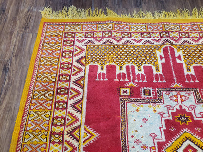 Vintage Moroccan Rug 6x10, Red and Yellow Moroccan Carpet, Handmade Bohemian Tribal Area Rug, Hand-Knotted 1970s Wool Rug, Medalions