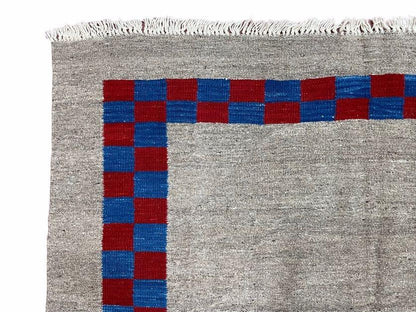 Gray Turkish Kilim Carpet 5' 7" x 7' 7", Medium Kilim Rug, Hand-Knotted, Blue & Red Border, Minimalistic Design, Geometric, Wool, New