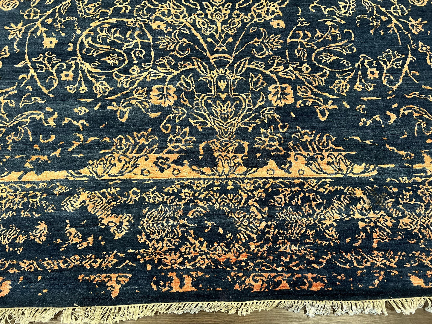 Handmade Wool Area Rug 8x10 Pakistani Oriental Blue and Gold Modern Living Room Decor