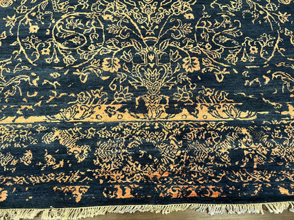 Handmade Wool Area Rug 8x10 Pakistani Oriental Blue and Gold Modern Living Room Decor