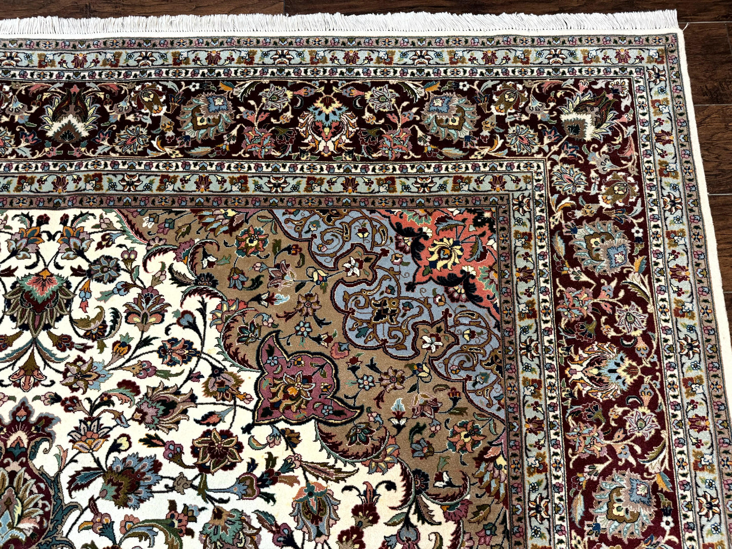 Persian Tabriz Rug Hand Knotted 8x11 Floral Medallion Traditional Area Rug Fine Wool 300 KPSI Ivory Maroon