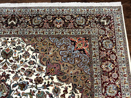 Persian Tabriz Rug Hand Knotted 8x11 Floral Medallion Traditional Area Rug Fine Wool 300 KPSI Ivory Maroon