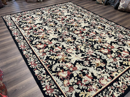 Wool Needlepoint Rug 9x12, William Morris Vintage Chinese Needlepoint Carpet 9 x 12, Handwoven, Allover Floral Area Rug, Black Light Green