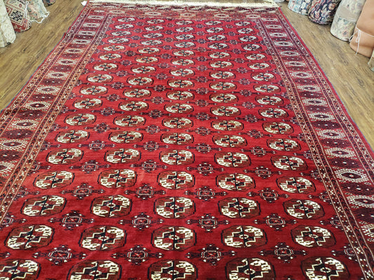 Persian Turkoman Rug 8 x 12.5, Bokhara Turkoman Carpet, Fine Oriental Rug, Vintage Wool Handmade Area Rug, Red Black Cream, Room Sized