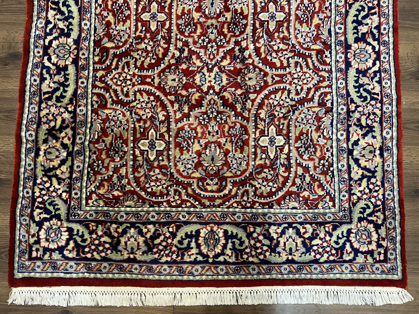 Indo Persian Rug 4x7, Allover Floral Oriental Carpet, Red and Navy Blue, Hand Knotted Indian Kashmiri Traditional Vintage Area Rug 4 x 7 ft