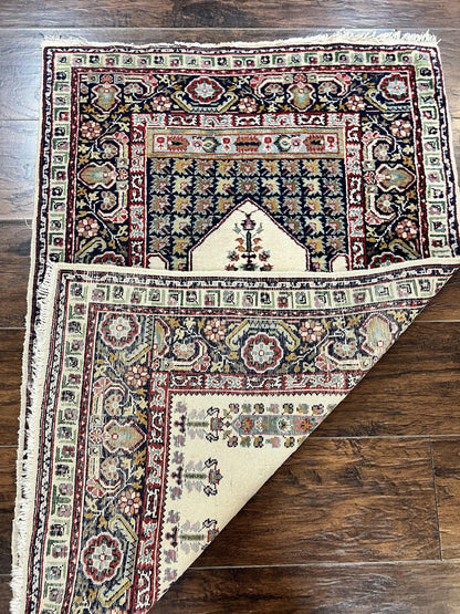 Turkish Prayer Rug Two Point Five By Four Vintage Wool Hand Knotted Ivory Carpet