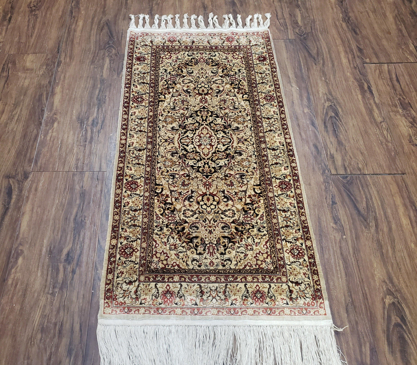 Silk Oriental Rug 1' 7" x 3', Very Fine Silk Carpet, Small Silk Rug, Traditional Floral Medallion, Hand-Knotted Cream Beige Vintage Silk Rug
