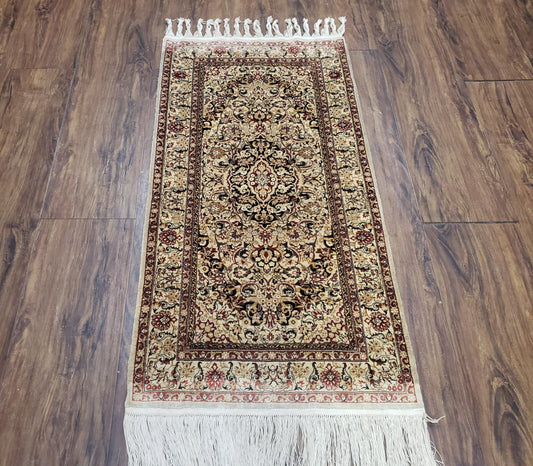 Silk Oriental Rug 1' 7" x 3', Very Fine Silk Carpet, Small Silk Rug, Traditional Floral Medallion, Hand-Knotted Cream Beige Vintage Silk Rug