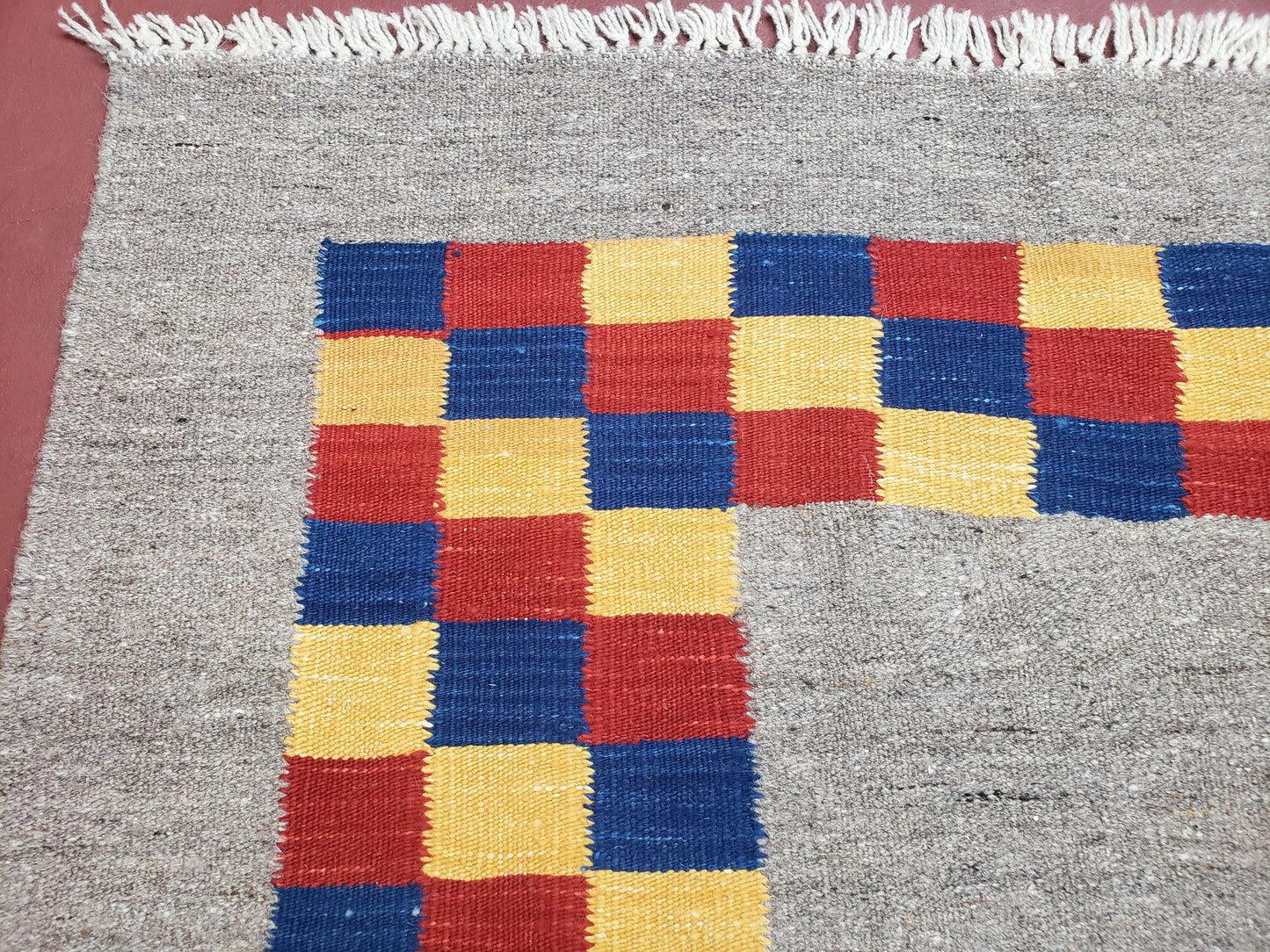 Turkish Kilim Rug Hand Knotted Wool Area Rug 5 Ft 6 In By 8 Ft Gray With Colorful Checker Border
