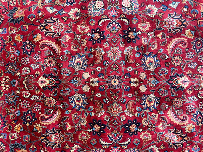 Signed Persian Mashad Rug 8x10, Wool Oriental Carpet, Semi Antique Rug, Hand Knotted, Traditional, Red, Floral Allover,