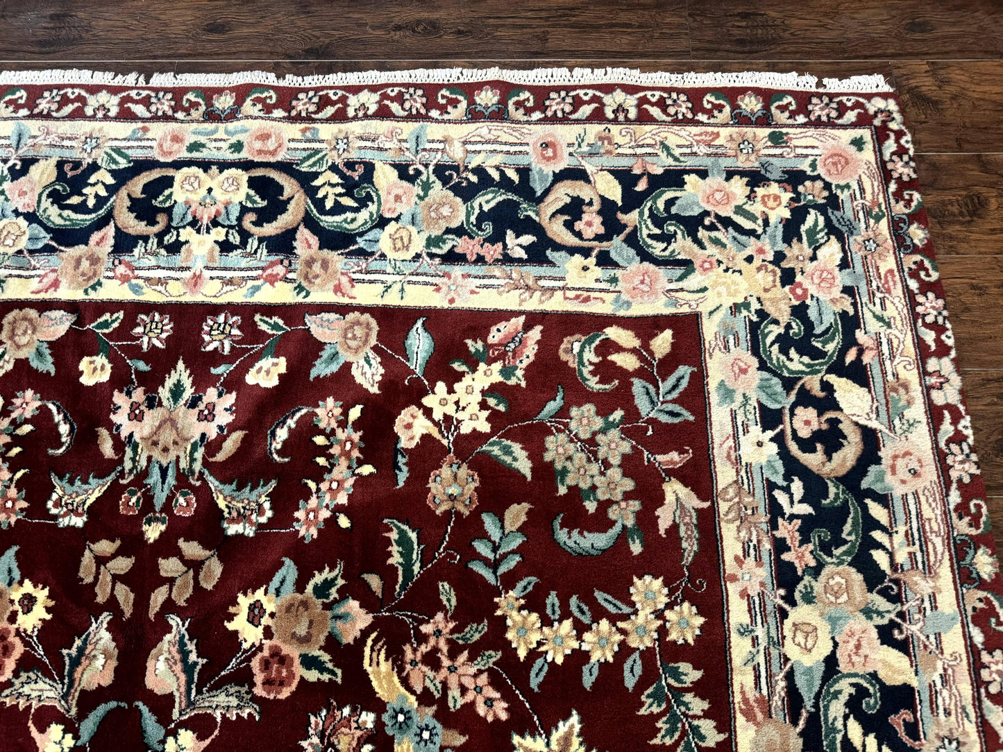 Indo Persian Rug 8x10 Handmade Wool With Floral Bird Pictorials In Maroon And Navy