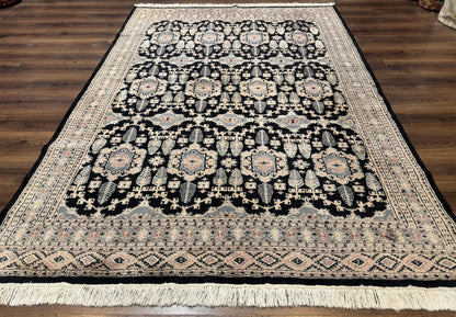 Turkoman Bokhara Rug 6x9 Hand Knotted Wool Carpet Black Handmade Authentic Pakistani
