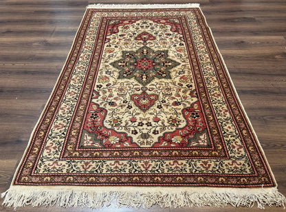 Turkish Sivas Rug 4x6, Floral Medallion, Beige Pink-Red Green, Handmade