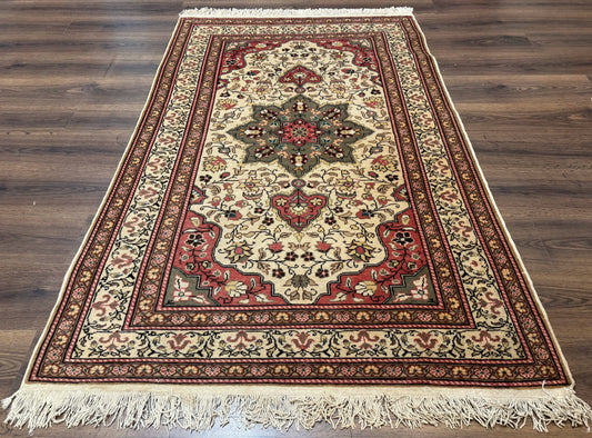 Turkish Sivas Rug 4x6, Floral Medallion, Beige Pink-Red Green, Handmade