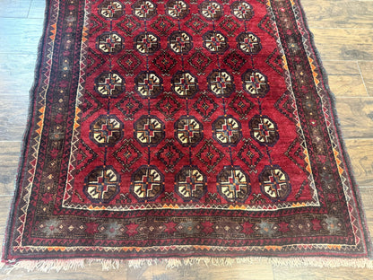 Persian Turkoman Tribal Rug 4x8, Handmade Vintage Wool Carpet, Red, Bohemian Rug