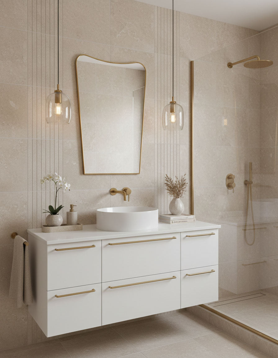 Wooden vanity bathroom styling