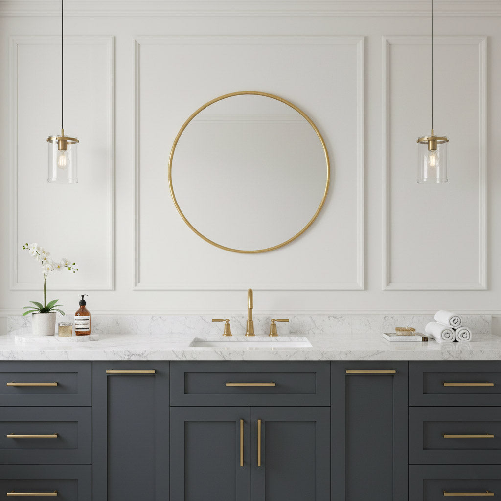 Round brass mirror centered above navy vanity with marble top
