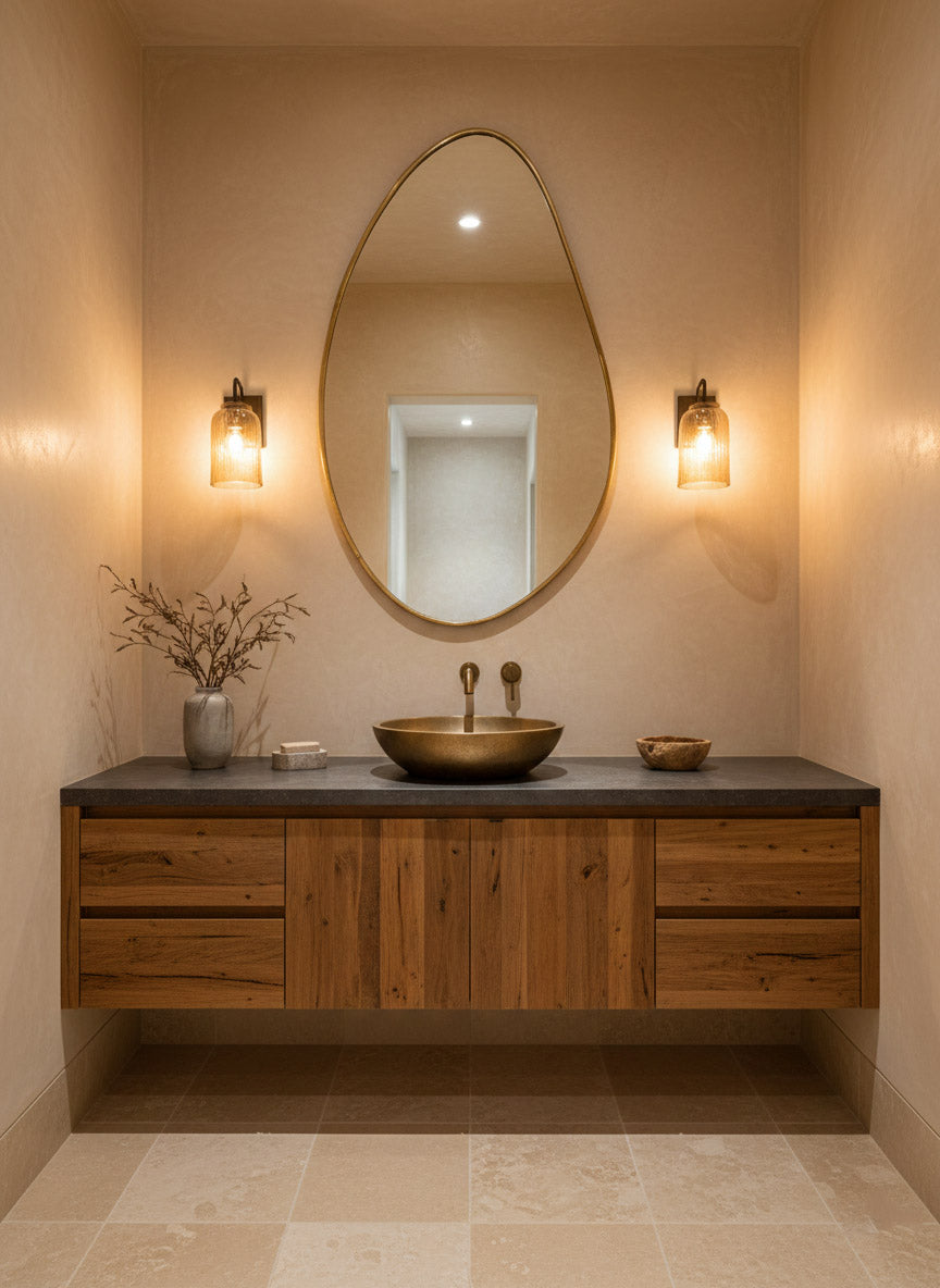 Brass mirror above marble vanity in minimalist bathroom