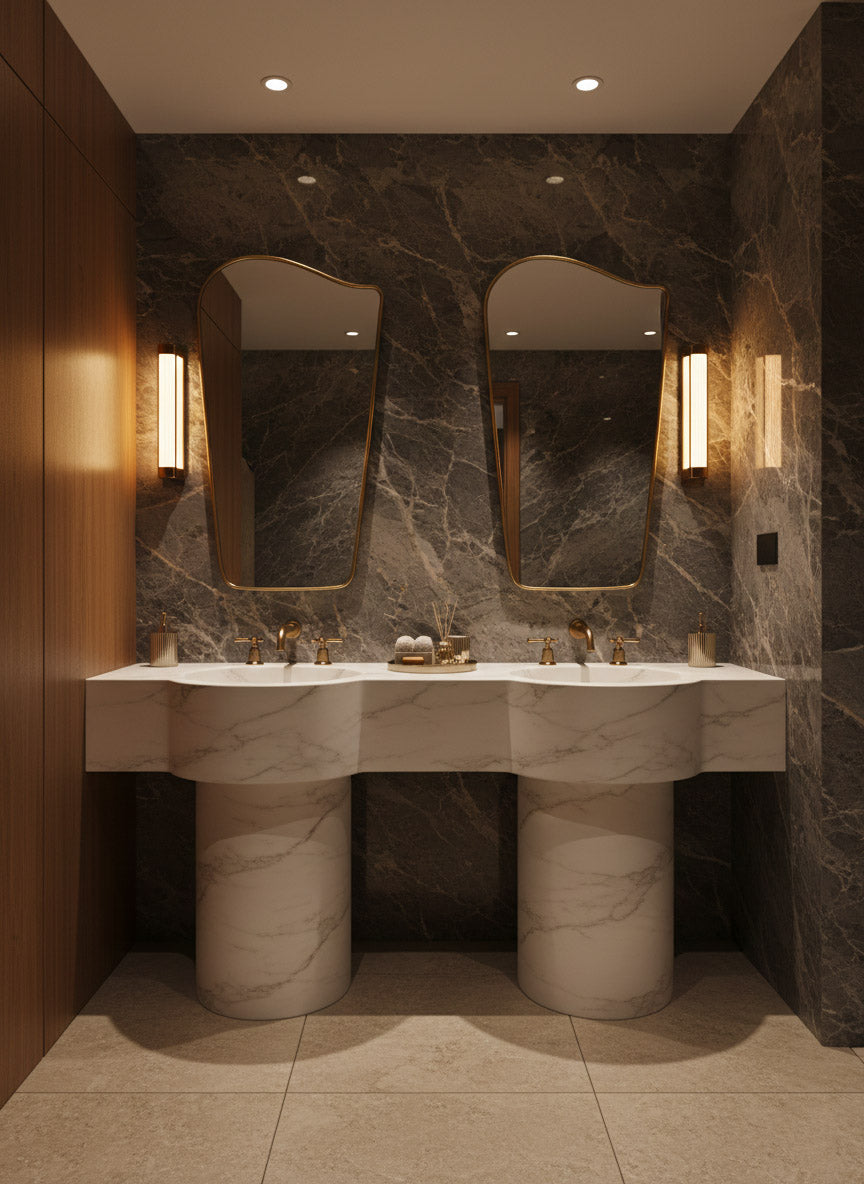 Double wave brass mirrors over marble sinks in luxury bathroom