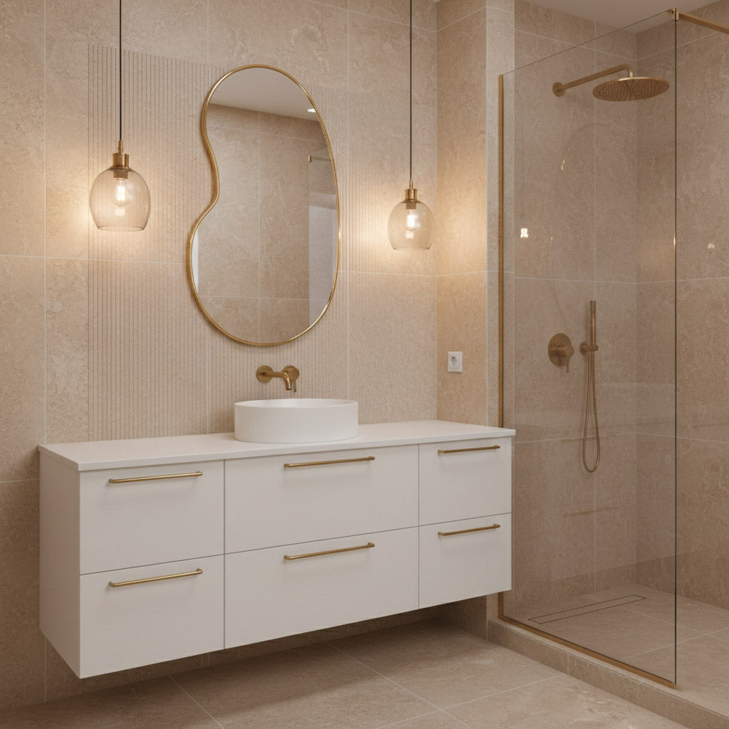 Kidney mirror with white floating vanity.