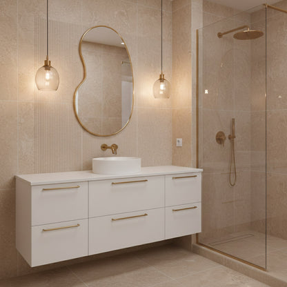 Kidney mirror with white floating vanity.
