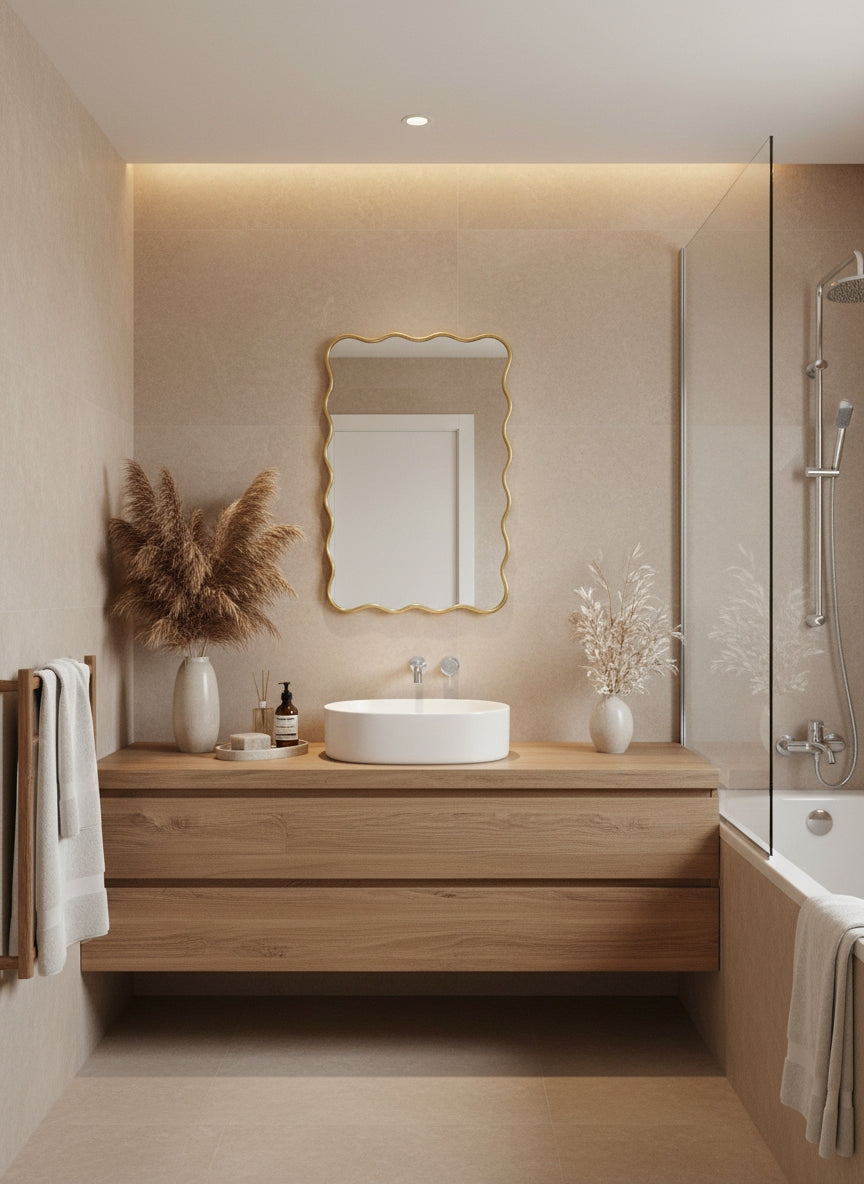 Scalloped brass mirror above wooden vanity in a warm beige bathroom