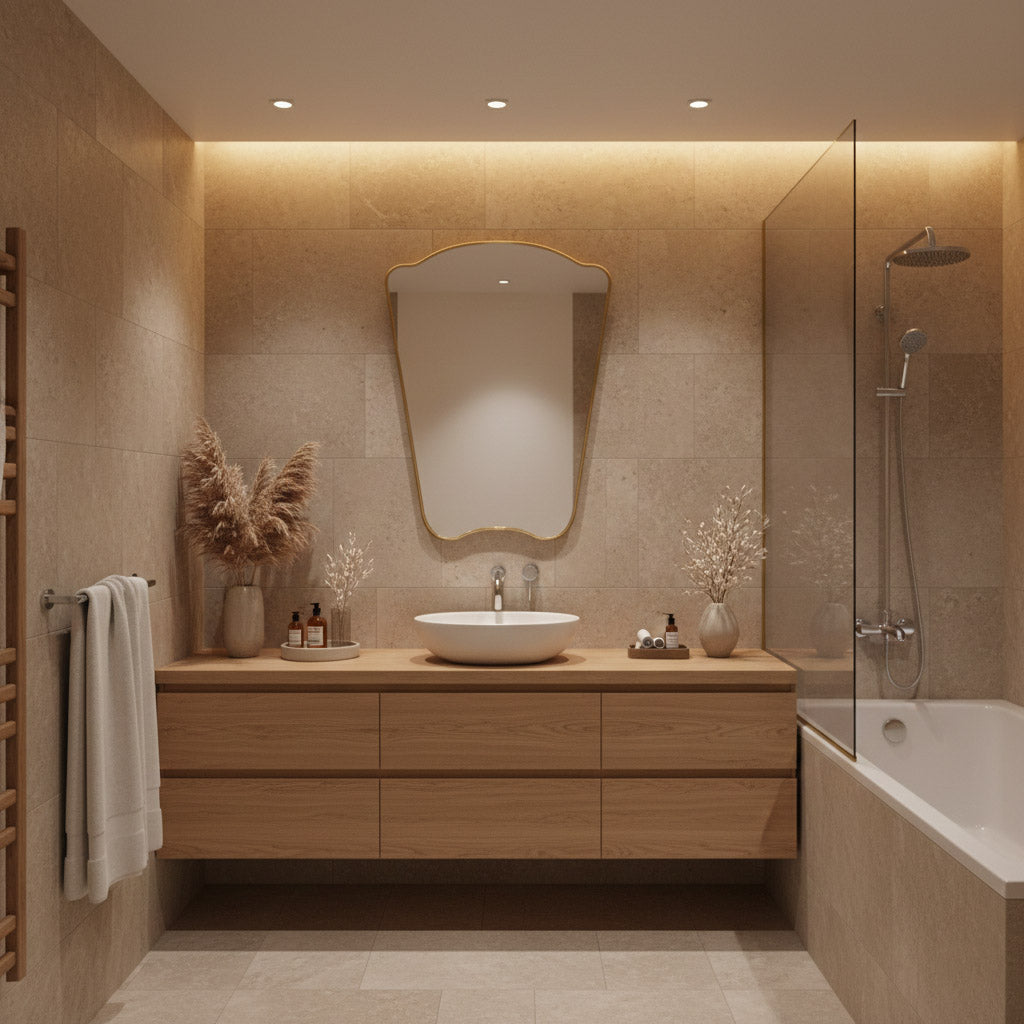 Italian style irregular mirror over wooden vanity in warm beige bathroom
