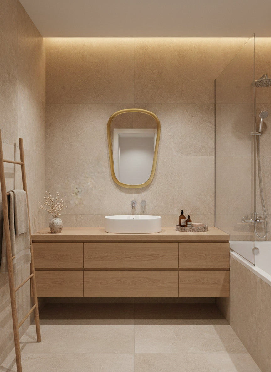 Brass mirror above wooden bathroom vanity