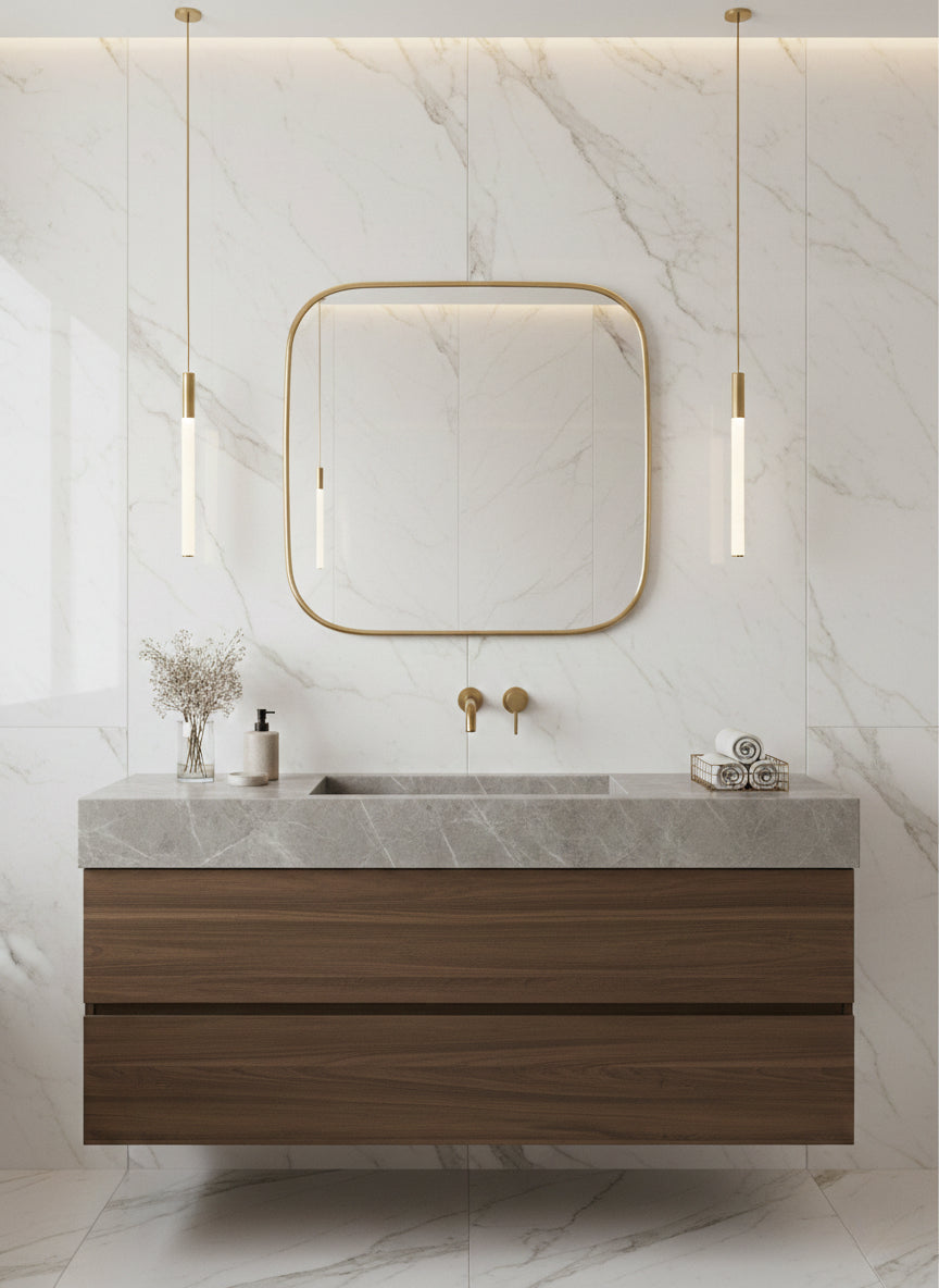 Square brass mirror in marble bathroom