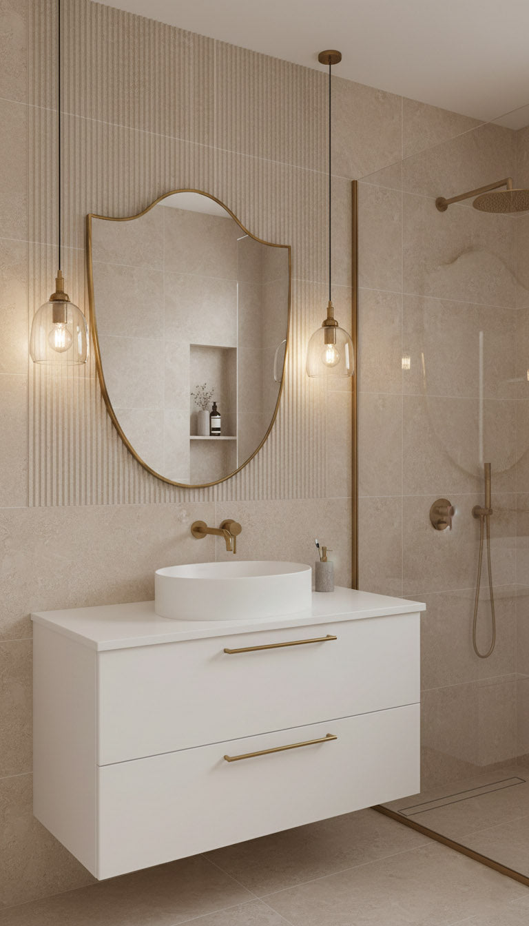 Italian brass mirror in modern beige bathroom with pendant lights
