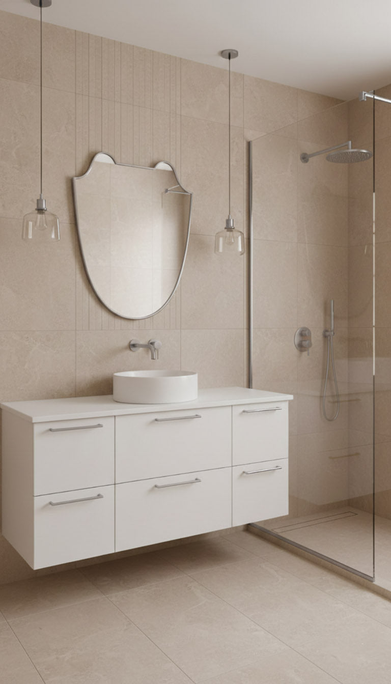 Silver shield brass mirror above white floating vanity in modern beige bathroom.