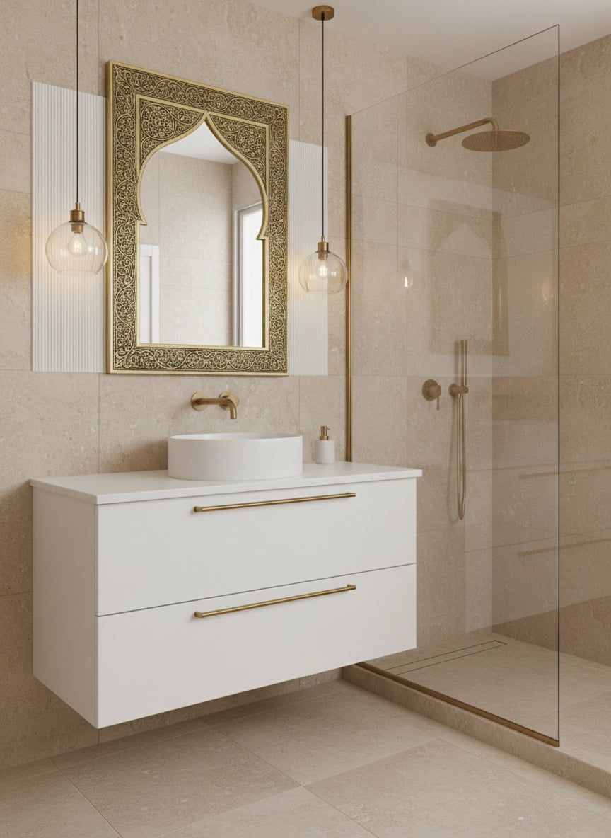 Brass arch mirror in modern bathroom