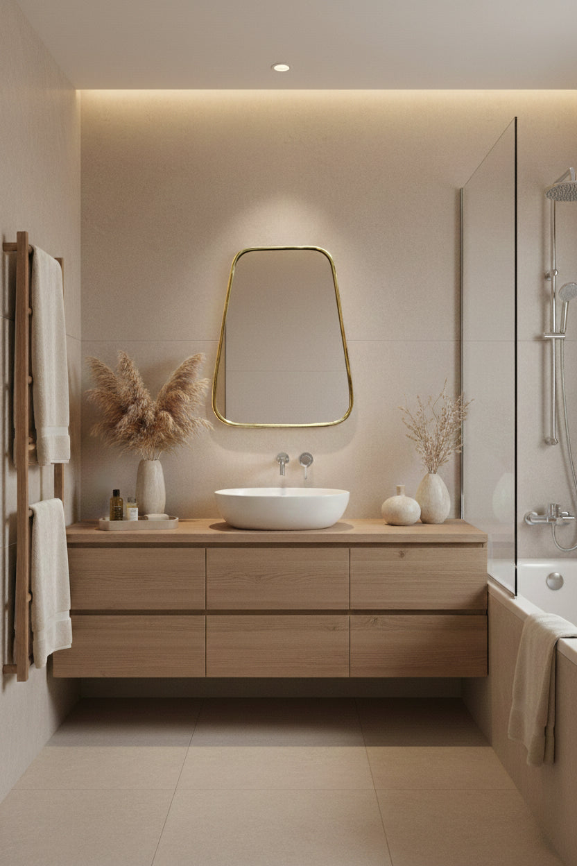 Organic brass mirror above wooden vanity