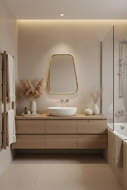 Organic brass mirror above wooden vanity