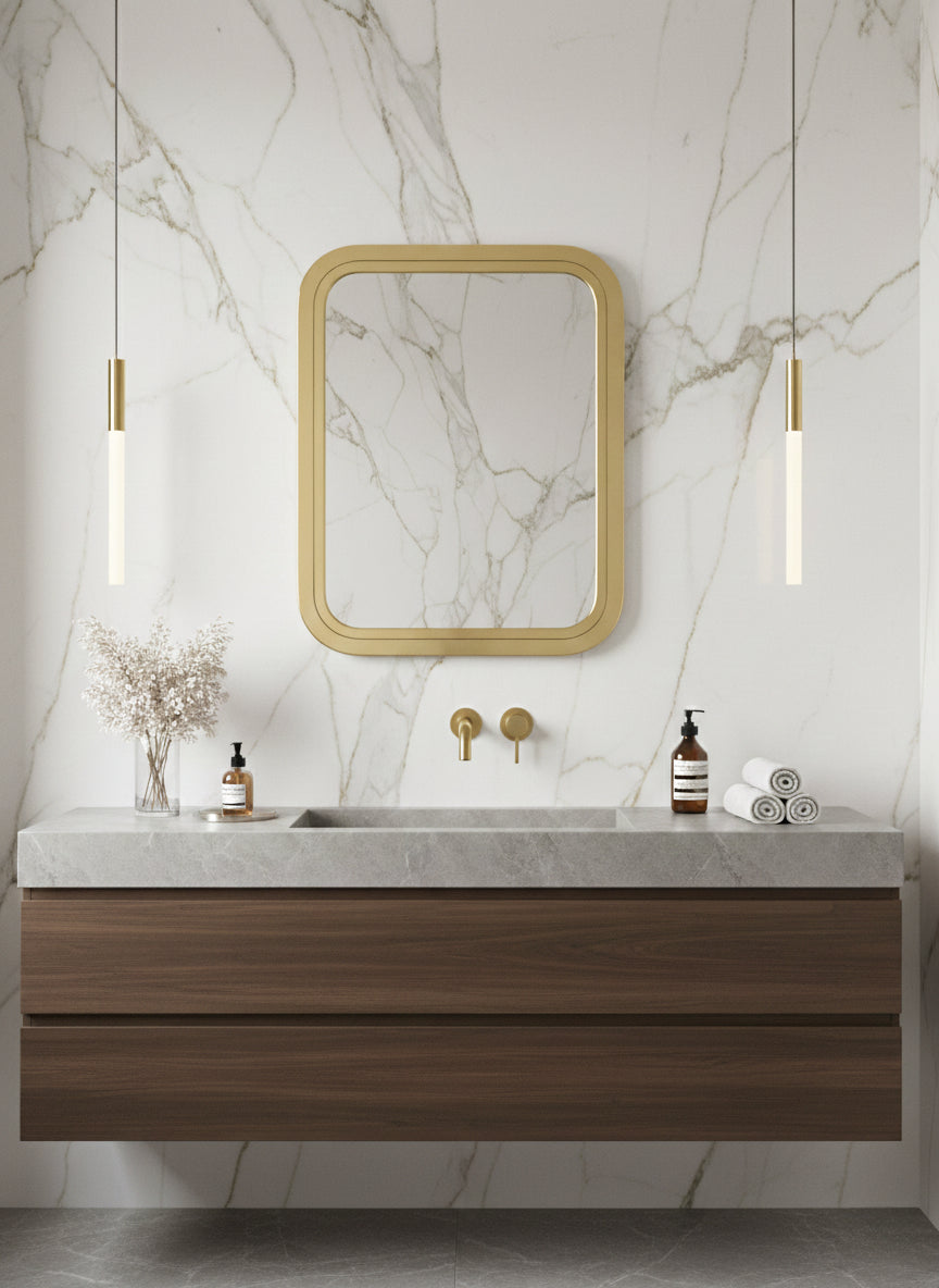 Rectangular brass vanity mirror above a marble sink in a modern bathroom
