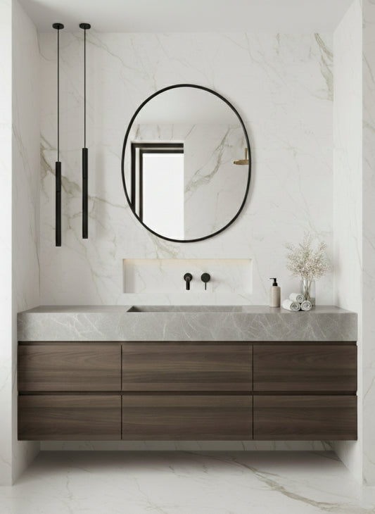 Minimal black oval mirror in modern marble bathroom